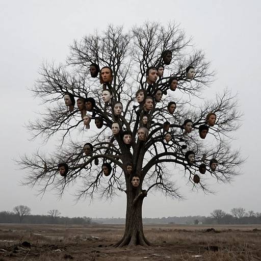 Photograph of a leafless tree with numerous human faces, each face positioned in a hollow, set against a misty, overcast landscape.
