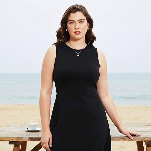 Photograph of a curvy, fair-skinned woman with wavy brown hair, wearing a black sleeveless dress, standing on a sandy beach,