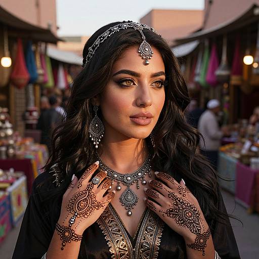 Photograph of a beautiful Middle Eastern woman with dark hair, wearing intricate black henna, silver jewelry, and traditional attire, standing in a vibrant,