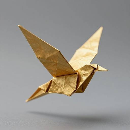 Photograph of an intricate, golden origami bird in mid-flight against a soft blue gradient background, casting a subtle shadow below.