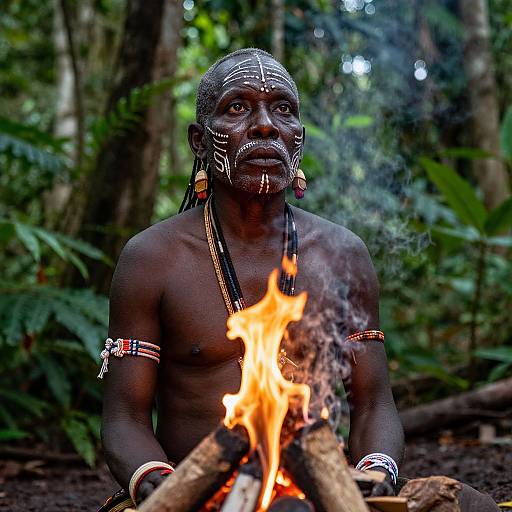 Photograph of a topless, dark-skinned African man with white facial paint and tribal jewelry, sitting by a glowing fire in a dense, green