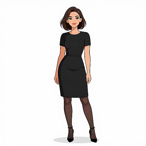 Digital illustration of a smiling woman with short brown hair, wearing a black short-sleeve dress, black tights, and black heels, standing against
