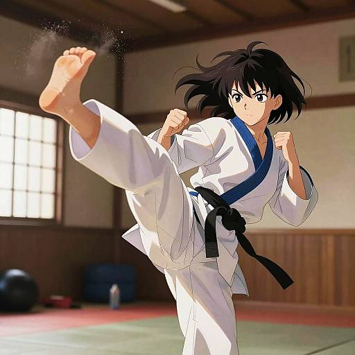 Anime-style drawing of a black-haired girl in a white karate gi with blue belt, performing a high kick in a traditional dojo.