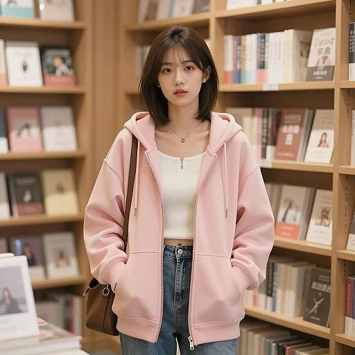 Young woman in pink hoodie at bookstore