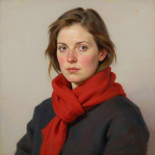 Realistic oil painting of a fair-skinned woman with brown hair, wearing a black coat and vibrant red scarf, against a plain light background.