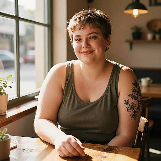 Photograph of a smiling, short-haired woman with a floral tattoo on her right arm, wearing a green tank top, seated at a sunlit café