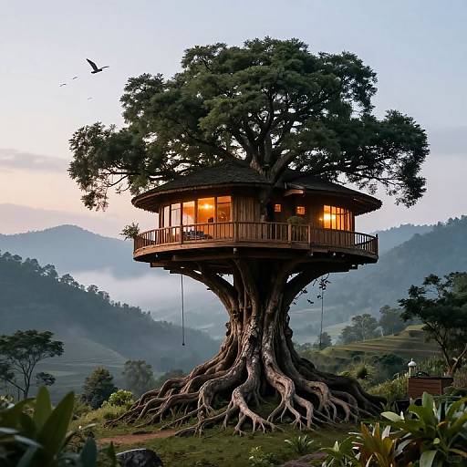 Digital artwork of a wooden treehouse with glowing windows, perched high on a massive, gnarled tree in a misty, mountainous landscape