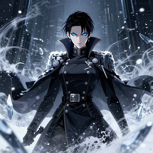Anime-style digital drawing of a black-haired, blue-eyed, male character with glowing eyes, wearing a dark, high-collared coat, surrounded by