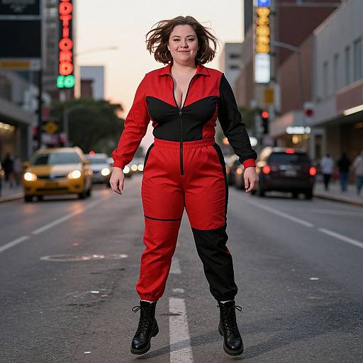 Photograph of a confident woman with short brown hair, wearing a red and black zip-up jumpsuit and black boots, walking on a busy city street