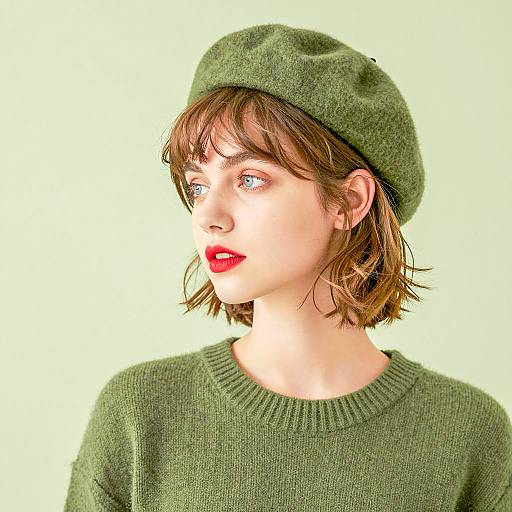 Young Woman in Olive Green Beret and Sweater