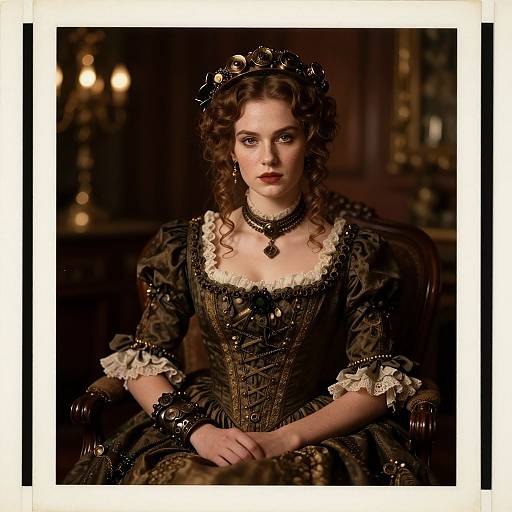 Photograph of a Victorian-era woman with curly brown hair, wearing a black lace and gold corset dress with white lace trim, and a tiara