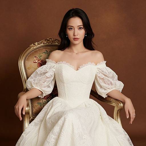 Photograph of an Asian woman with long black hair, wearing an off-shoulder, white lace wedding dress, seated on an ornate, floral