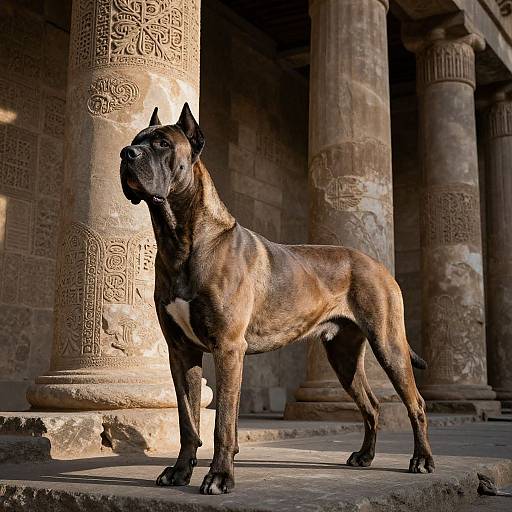 Photograph of a muscular, brown brindle dog standing alertly in front of ancient, ornately carved stone columns, bathed in sunlight.