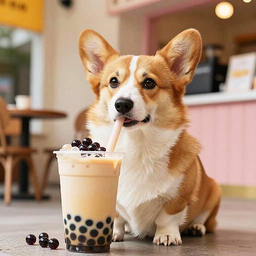 Corgi Enjoying Colorful Bubble Tea