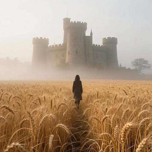 Photograph of a lone figure in a dark coat walking through a golden wheat field towards a misty, ancient stone castle in the distance.