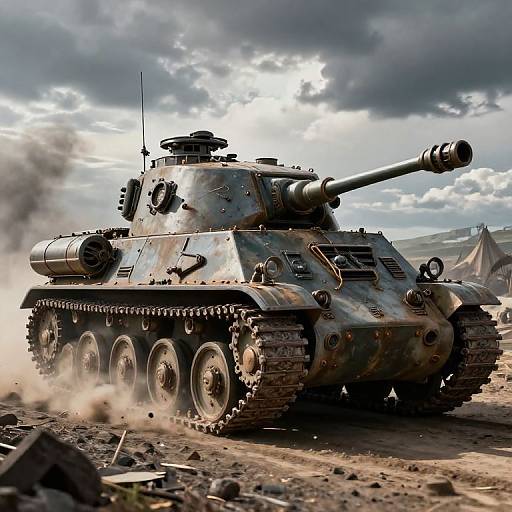 Photograph of a camouflaged, heavily-detailed tank with a long barrel, kicking up dust as it moves on a rocky, war-torn