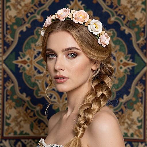 Photograph of a beautiful young woman with light skin, blue eyes, and blonde hair in a braided crown, wearing a floral headband, against