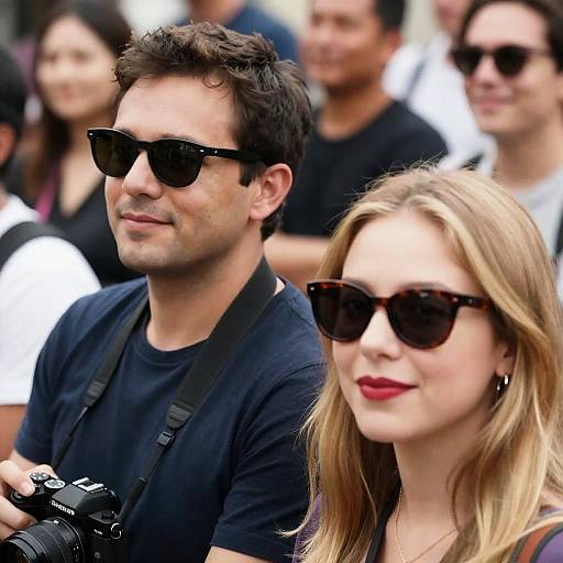 Stylish Couple with Camera and Friends