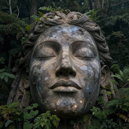 Photograph of a large, weathered stone Buddha head with closed eyes, surrounded by dense green foliage in a forest setting.