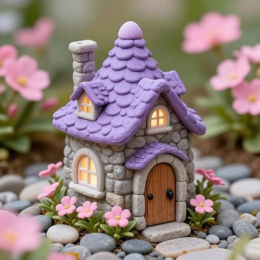 Photograph of a tiny, whimsical stone cottage with a purple shingled roof, glowing yellow windows, pink flowers, and a wooden door,