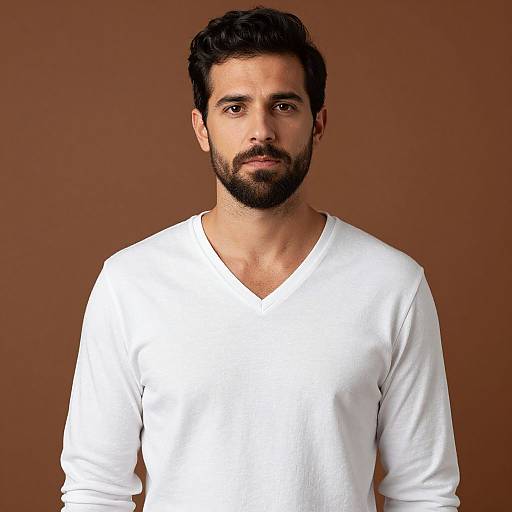 Photograph of a bearded man with dark hair, wearing a plain white V-neck shirt, against a solid brown background.