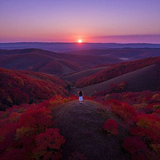 Aerial photograph of a lone figure in white standing on a hill, surrounded by vibrant red and purple autumn hills, under a glowing pink and purple sunset