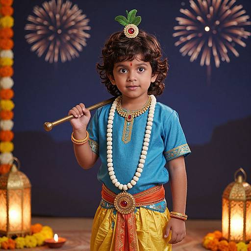 Photograph of a young Indian boy with curly black hair, wearing a blue top, yellow dhoti, white bead necklace, and gold jewelry,