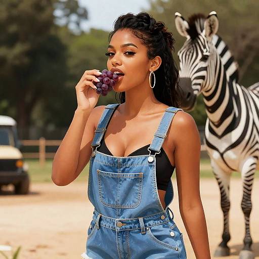 Photograph of a young woman with dark skin and curly hair, wearing blue overalls and a black top, eating grapes while a zebra stands in
