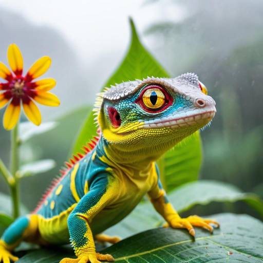 Glowing Gecko with Radiant Red Flower