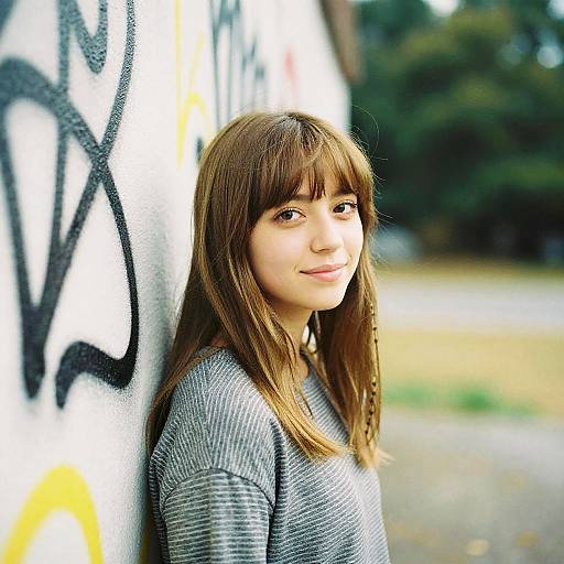 Photograph of a young woman with light brown hair and bangs, wearing a gray striped sweater, standing against a graffiti-covered wall, outdoors with a