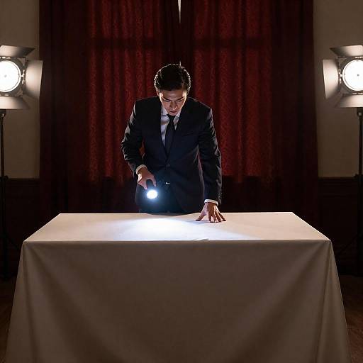 Suit-Clad Man Reveals Covered Table