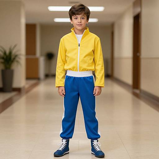 Photograph of a young boy with short brown hair, wearing a yellow jacket, blue tracksuit, white shirt, and blue sneakers, standing in a