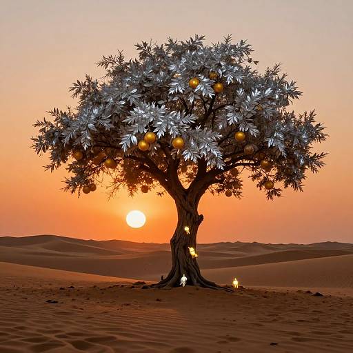 Digital artwork of a silver-leaved tree with glowing oranges and stars, set against a vibrant orange sunset in a desert landscape.