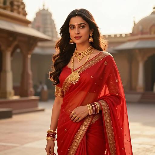 Photograph of a stunning Indian woman with long dark hair, wearing a red saree with gold embroidery, traditional jewelry, and a bindi, standing