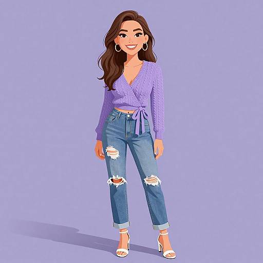 Digital illustration of a smiling woman with long brown hair, wearing a purple knit top, blue ripped jeans, and white heels, set against a solid lavender