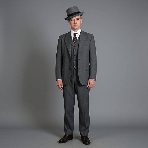 Photograph of a young man with fair skin and short brown hair, standing against a gray background. He wears a dark gray three-piece suit, white