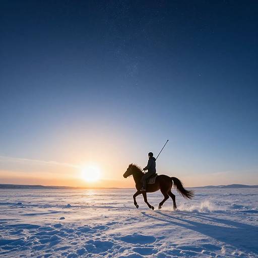Silhouetted rider with pole on horse gallops across snowy landscape at sunset, blue sky, sun low on horizon, snowflakes flying.
