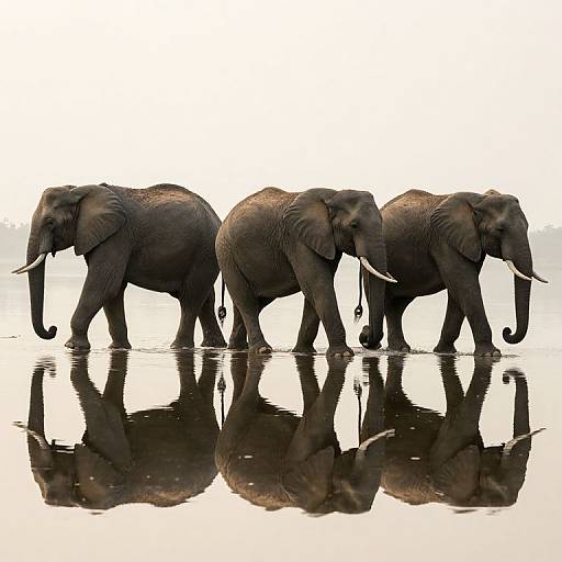 Photograph of three silhouetted African elephants walking in shallow water, with their reflections mirrored below against a white background.
