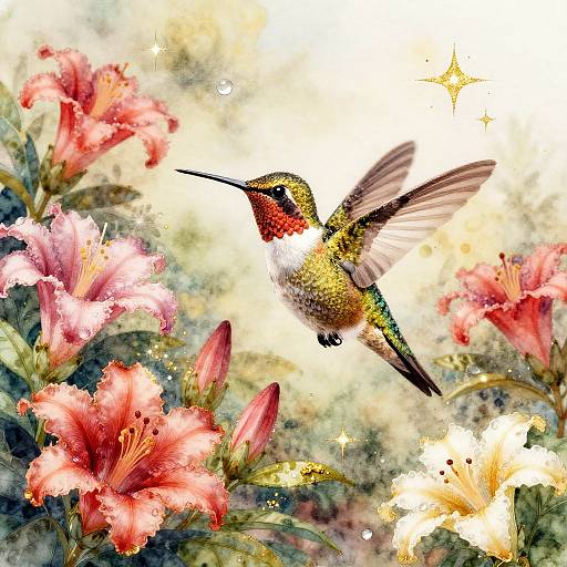 Watercolor Hummingbird in Magical Garden