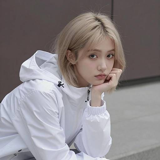 Pensive Young Woman in White Hoodie