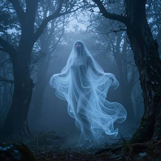 Ethereal Ghost in Foggy Twilight Forest