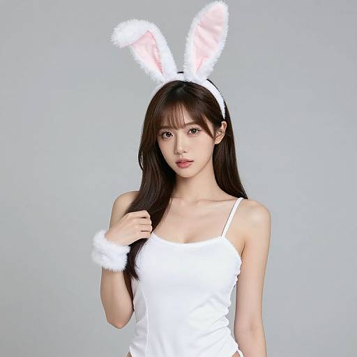 Woman in White Outfit with Bunny Ears