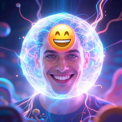 Photograph of a smiling man with a glowing electric blue halo, a yellow smiling emoji on his forehead, surrounded by vibrant neon lights and floating orbs.