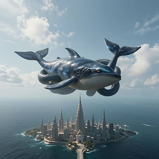 Photorealistic CGI: A shiny, metallic blue orca with detailed textures hovers above a futuristic, island city with tall spires and a central