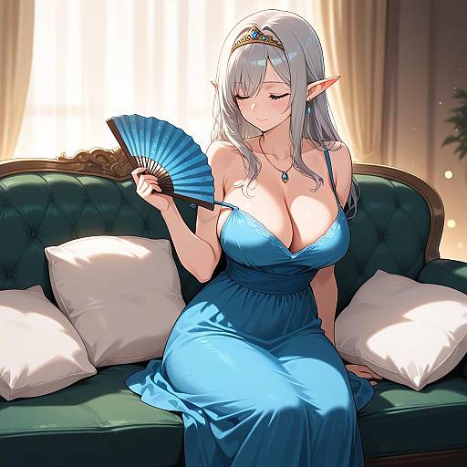 Elf Woman in Blue Dress with Fan