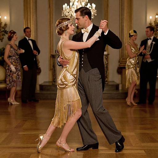 Photograph of a glamorous dance couple in a ballroom, wearing gold fringe dress and black suit, surrounded by elegantly dressed dancers. Chandelier-l