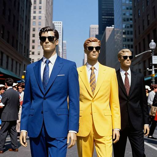 Photograph of three male mannequins in suits: blue, yellow, and black, with sunglasses, walking down a busy city street.