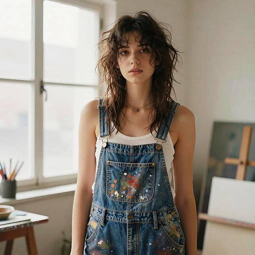 Messy Fringe Artist in Paint-Stained Overalls