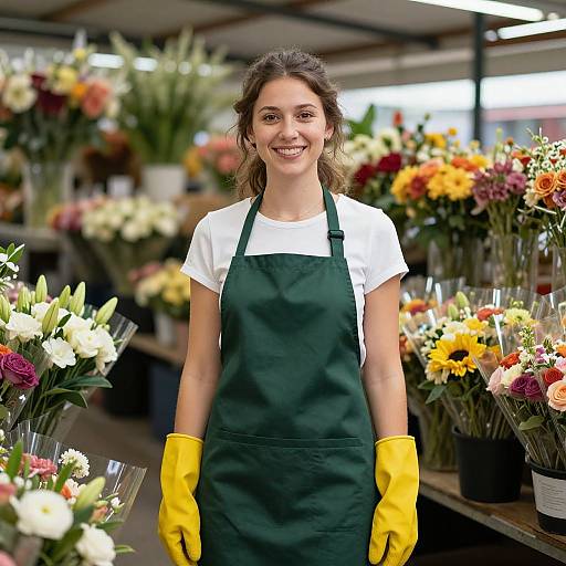Cheerful Woman in Vibrant Flower Market