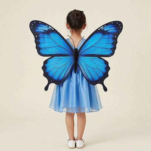Photograph of a young girl with short brown hair, facing away, wearing a blue tulle dress and large blue butterfly wings, standing on white background